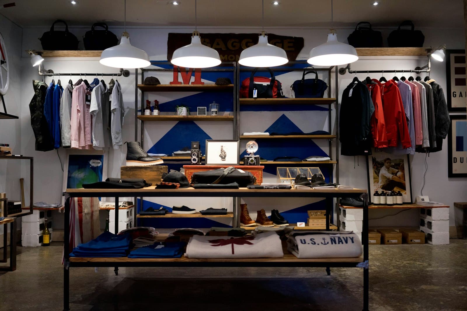 A modern commercial interior with layered product displays